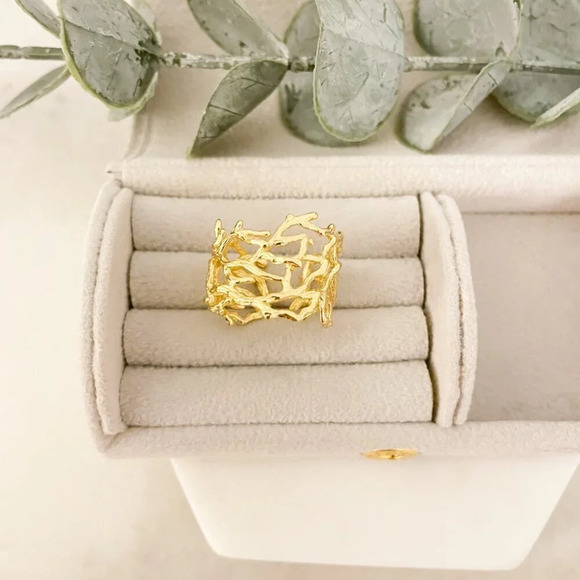 925 Sterling Silver Gold Textured Ring Vine Coral Tree Branch Ring Boho Ring - Picture 4 of 9